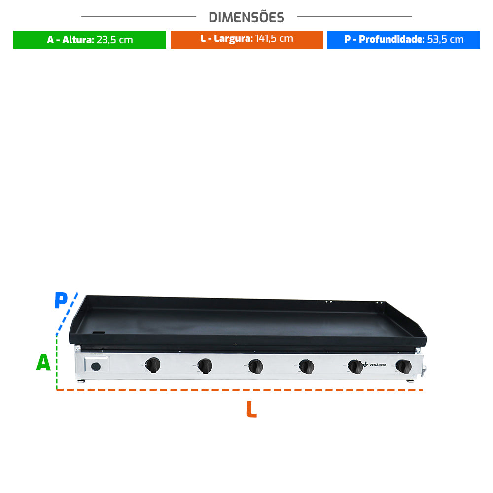 Medidas da chapa Venâncio C140 a gás, ideal para lanchonetes movimentadas e grandes cozinhas comerciais