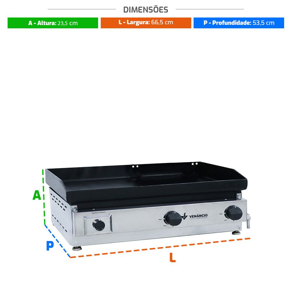 Medidas da chapa profissional Venâncio C65 a gás, ideal para espaços compactos em restaurantes e lanchonetes