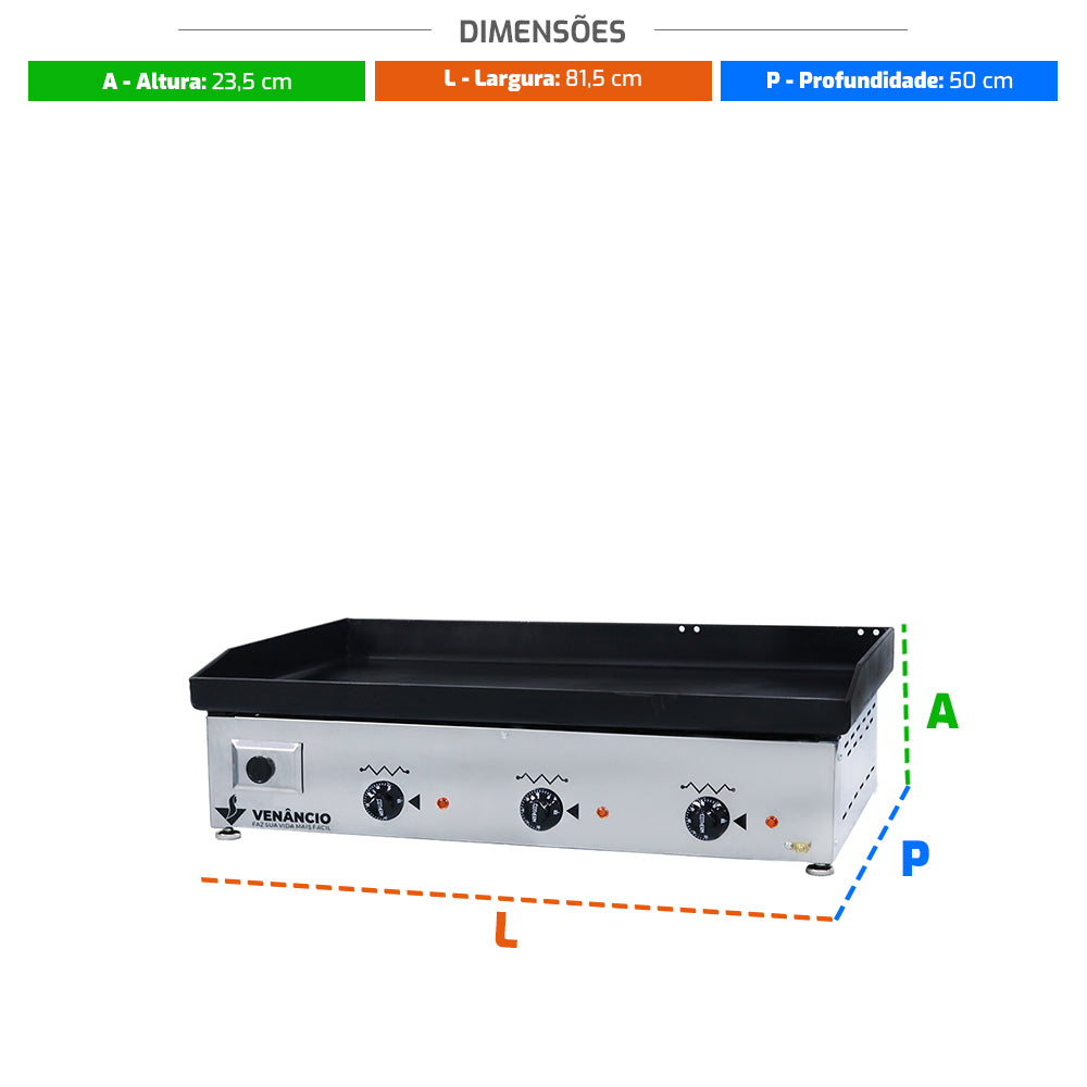 Medidas e dimensões da Chapa Bifeteira Elétrica Venâncio CE80 220V, 81cm de largura por 50cm de profundidade.