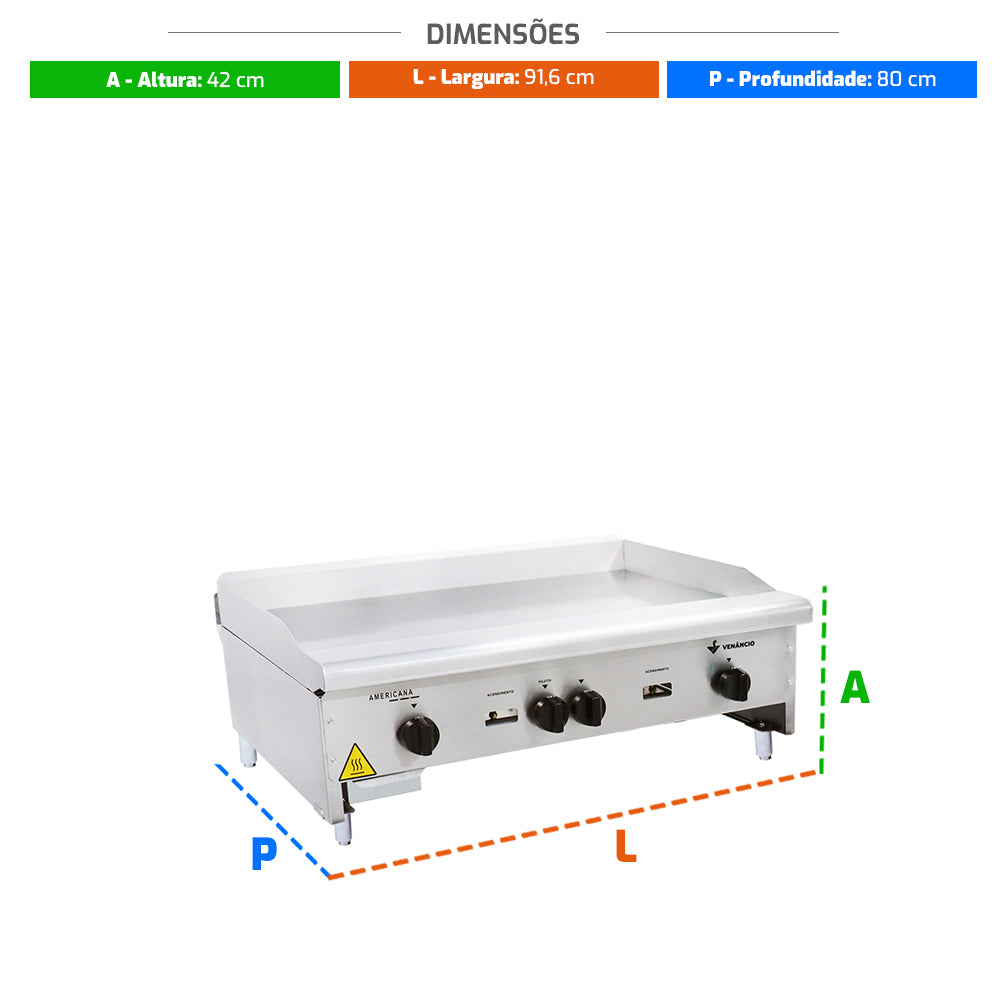 Medidas da chapa bifeteira Venâncio CG90 a gás, ideal para otimização de espaço em lanchonetes de grande fluxo e cozinhas exigentes
