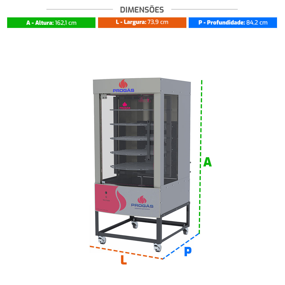 Diagrama com as dimensões detalhadas do forno assador industrial Progás.