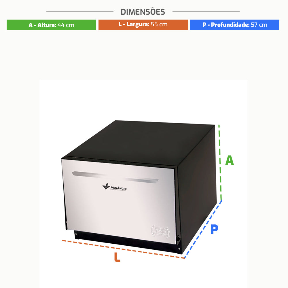 Medidas do forno industrial Venâncio F60i de 69 litros, ideal para cozinhas profissionais e fogões Extra