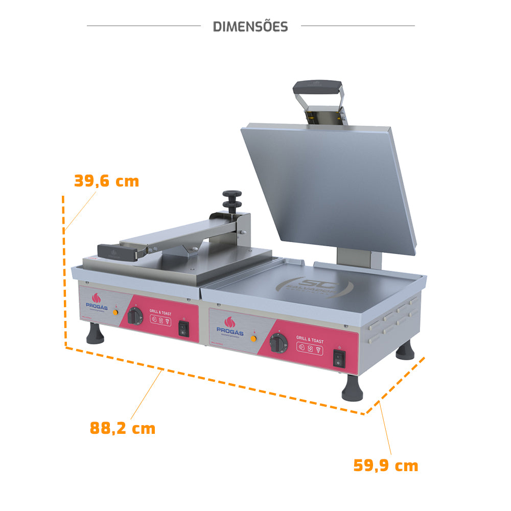 Medidas e dimensões da Prensa Dupla Elétrica Progás PRA-45ED 220V em inox e alumínio fundido