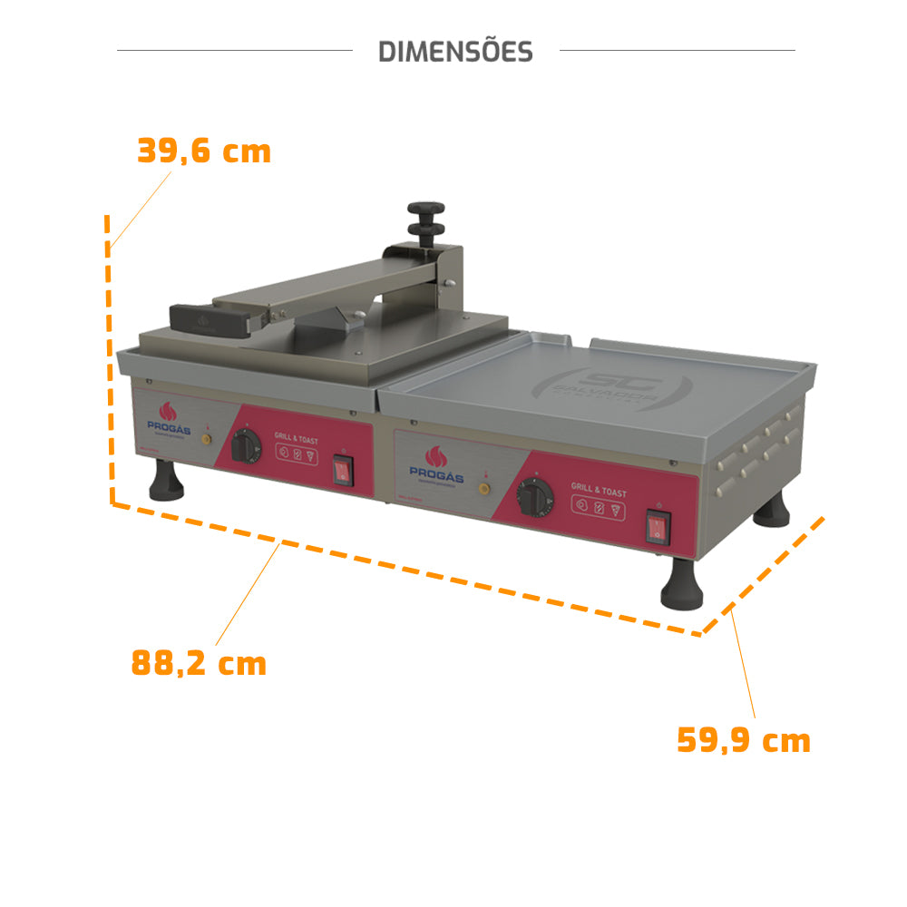 Medidas e dimensões da Prensa Chapa Conjugada Elétrica Progás PRA-45EC 220V em inox e alumínio