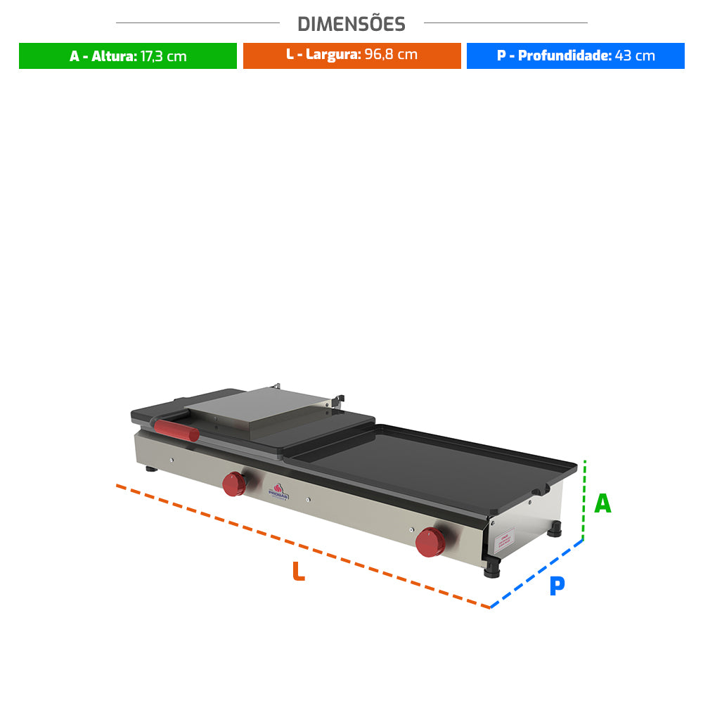 Medidas da sanduicheira Progas PR-950 G a gás, ideal para espaços comerciais como trailers e padarias