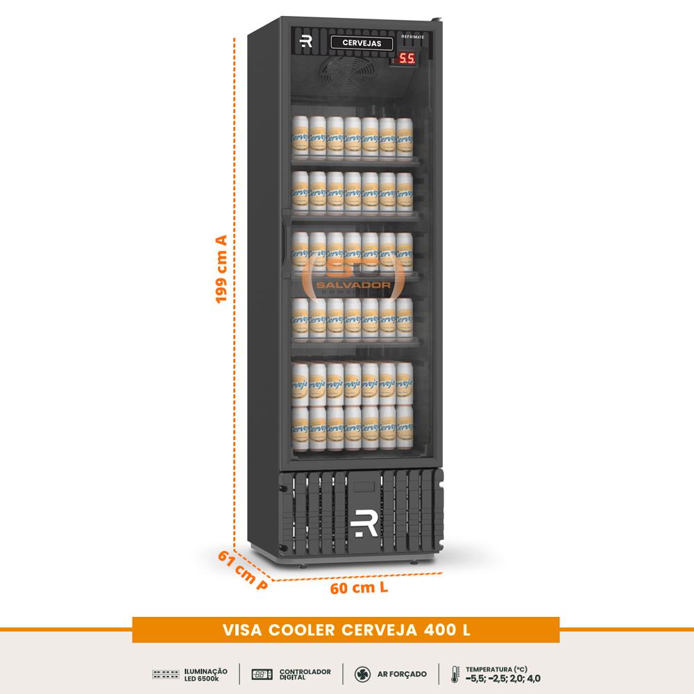 Diagrama de medidas do Visa Cooler cervejeiro Refrimate VCCE400PVPP 400L (199x60x61cm), para planejamento de espaço em estabelecimentos comerciais.