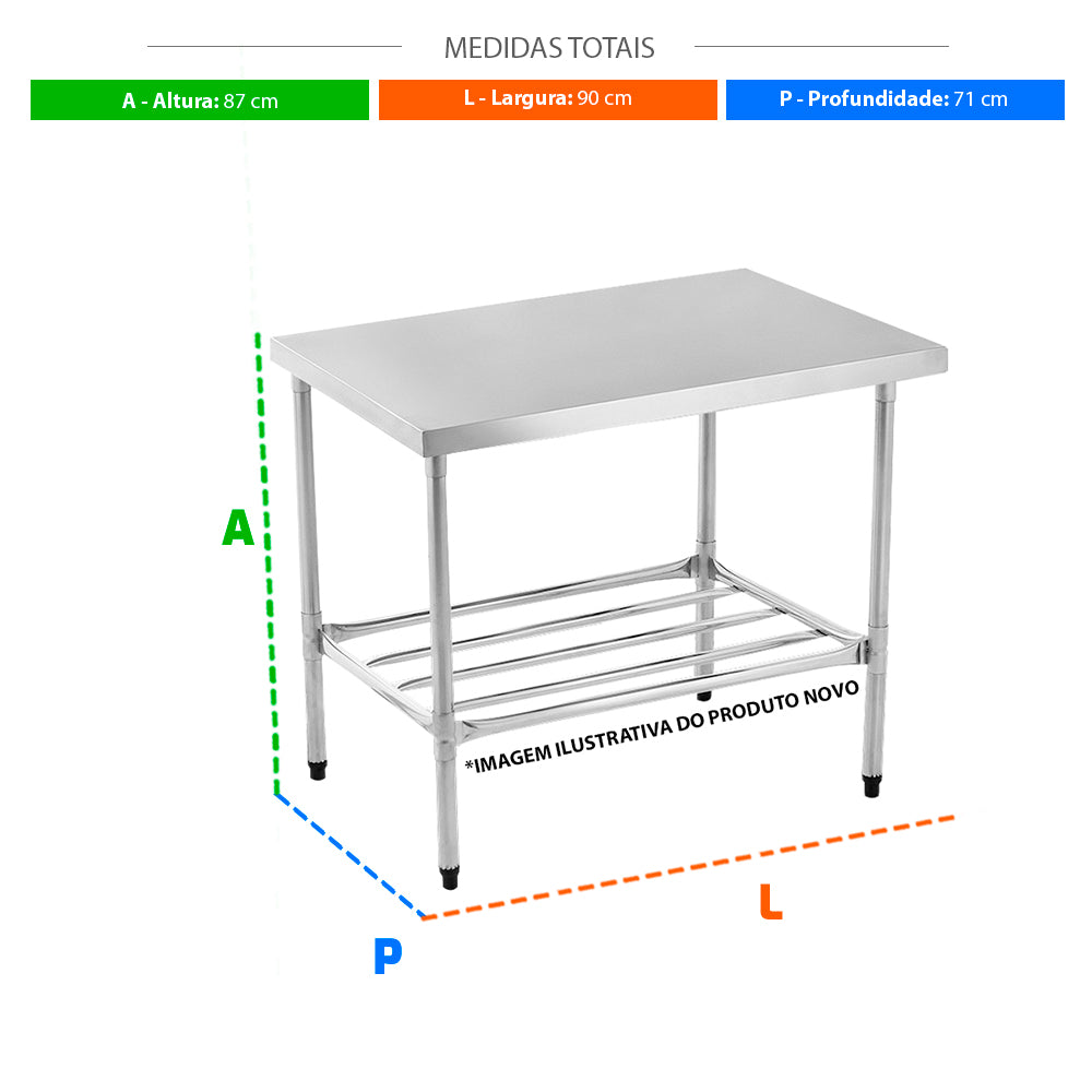 SEMINOVO - Bancada de Apoio Inox, Tampo Liso, Prateleira Tubular MITLPT 900 - Refrimate