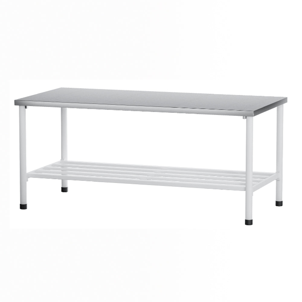 Mesa Bancada Apoio Ba 1600/600 Metalcubas com paneleiro branco e tampo inox para cozinhas