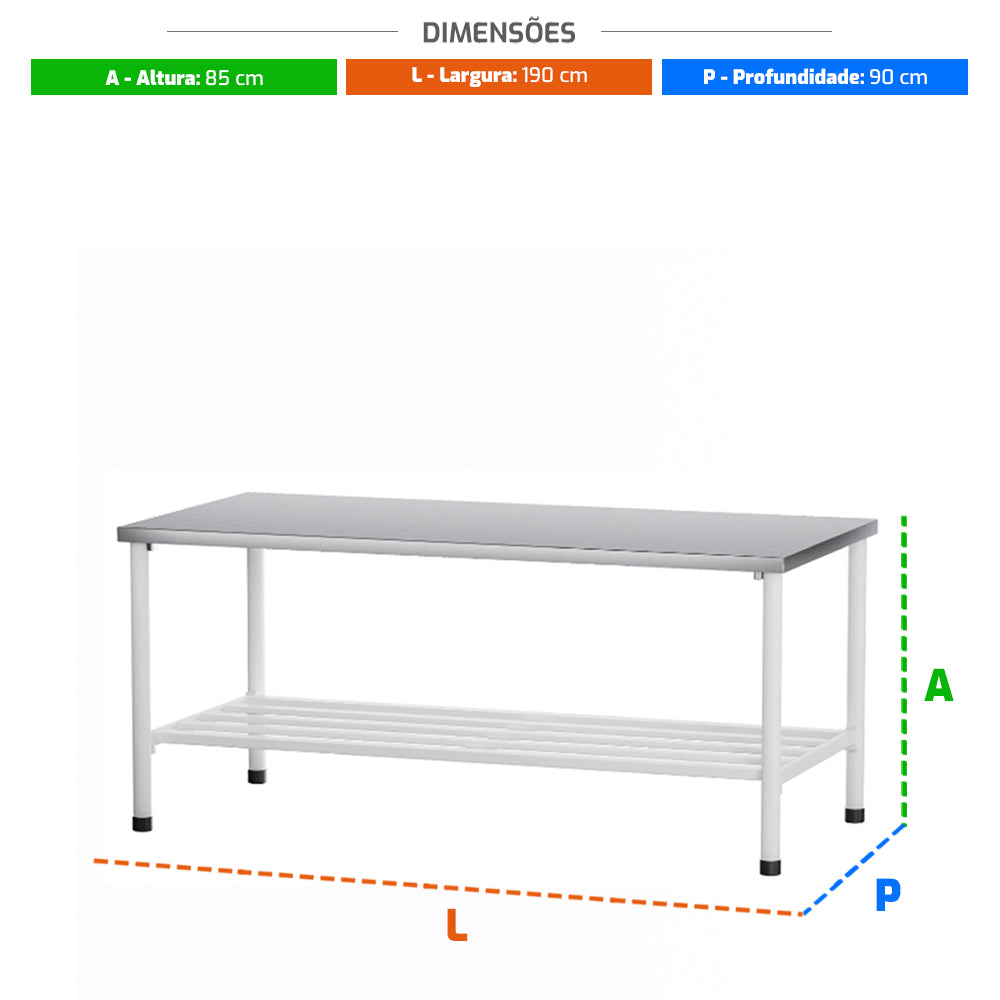 Mesa de Apoio Ba 1900/900 Metalcubas, robusta e espaçosa, 85x190x90cm, para grandes áreas de trabalho