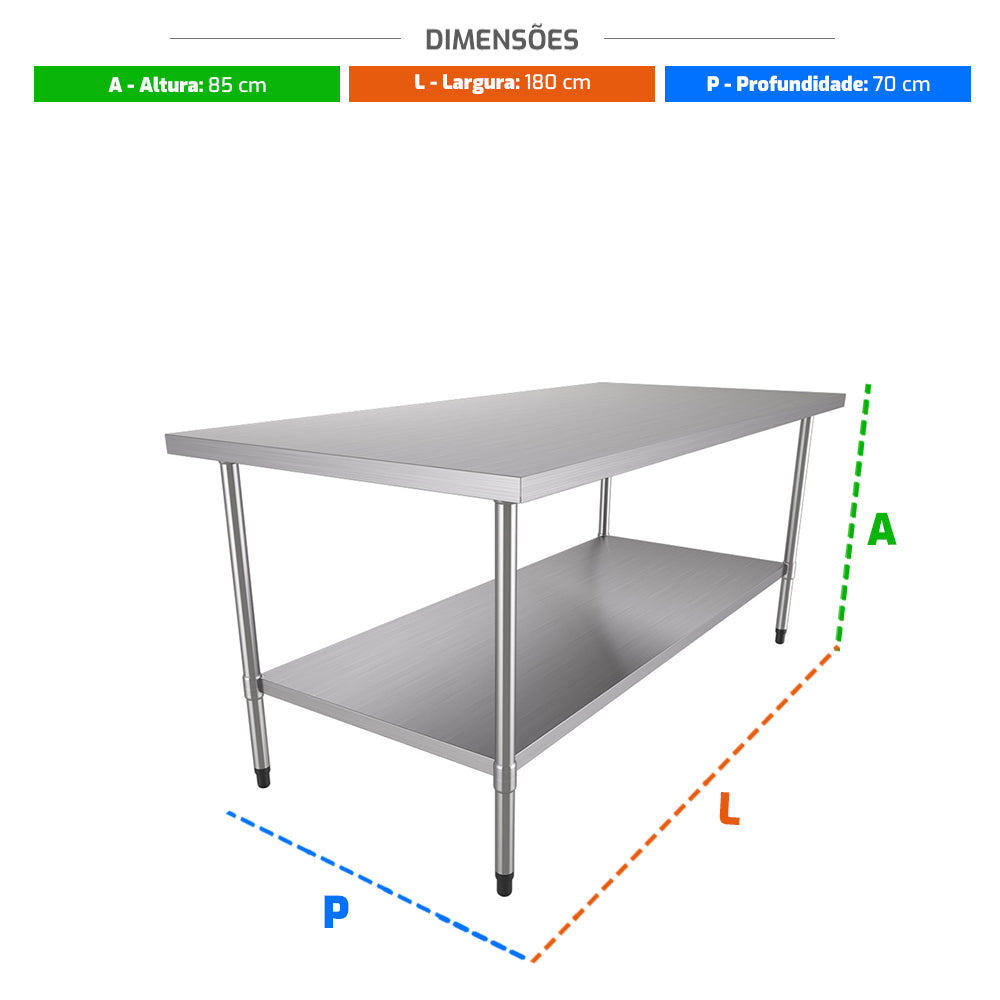 Mesa de Apoio Bai 1800/700 Metalcubas, robusta, 85cm A x 180cm L x 70cm P para preparo