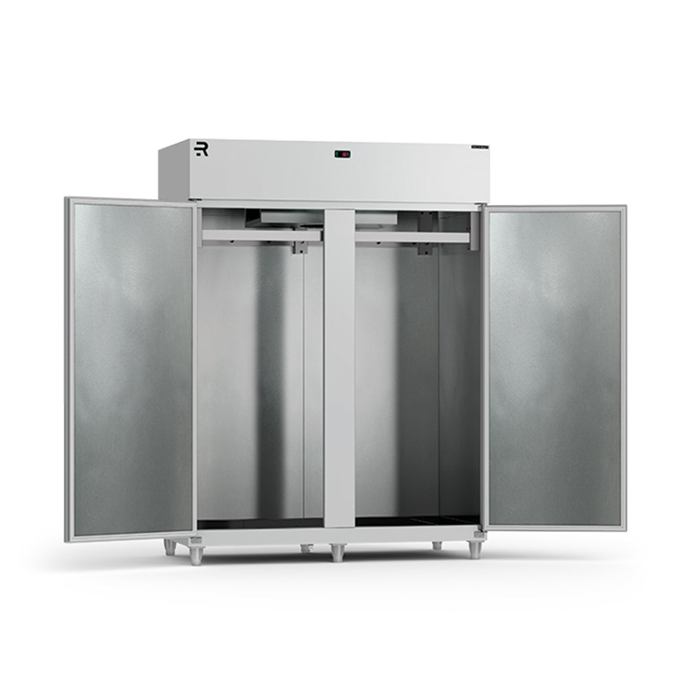 Imagem da Mini Câmara Frigorífica Resfriados MCVR1900I 220V, destacando sua construção em inox e a gancheira interna para organização de carnes.