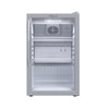 Mini geladeira com porta de vidro Venax VV100, destacando a ventilação interna e o gabinete branco com moldura cinza.