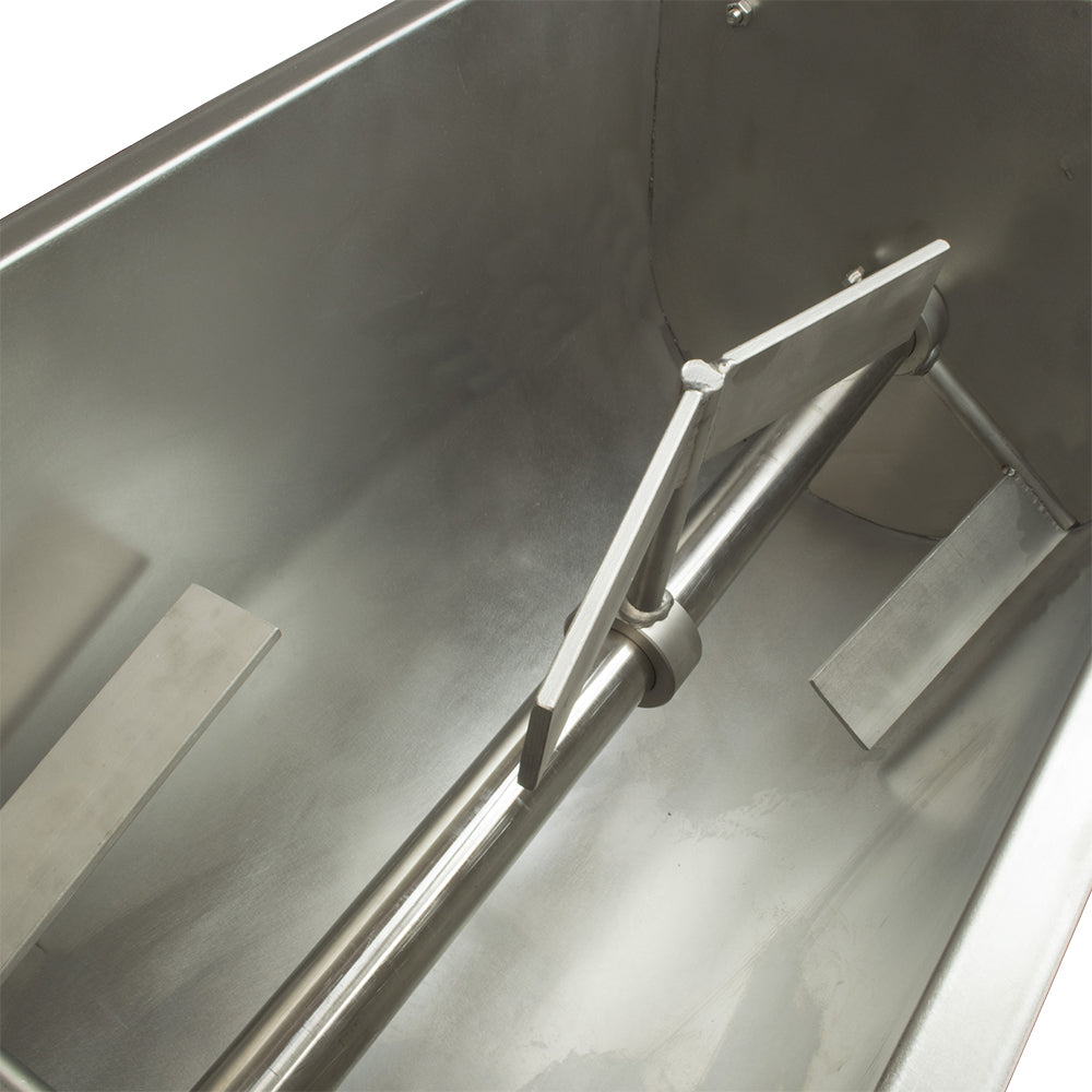 Equipamento Misturador de Carne MMS-50I para açougues, com tanque em aço inox e basculamento para facilitar a descarga.