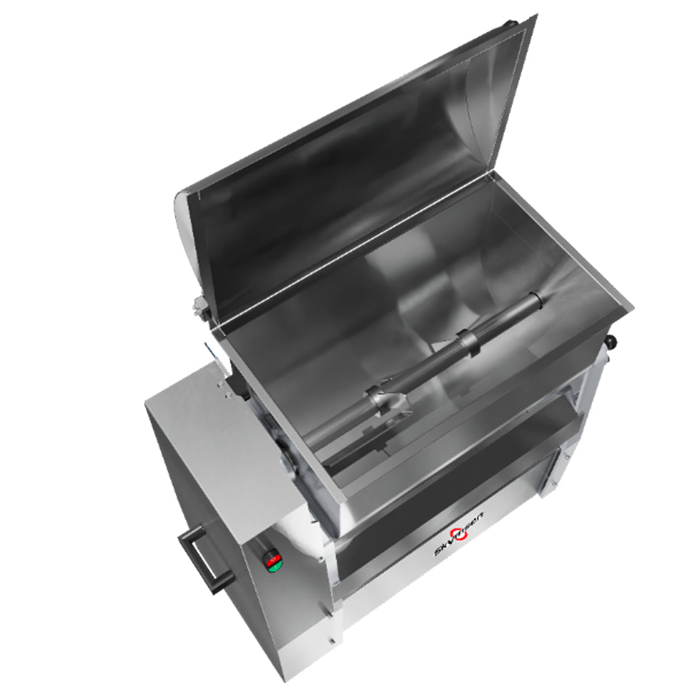 Imagem do Misturador de Carne Profissional MMS-50I, destacando o tanque basculante manual e a construção robusta em aço inox.