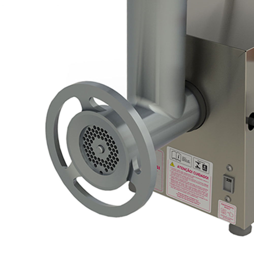 Imagem frontal do Moedor de Carne BMC-10 com acabamento em aço inoxidável escovado, pronto para uso em cozinhas comerciais.