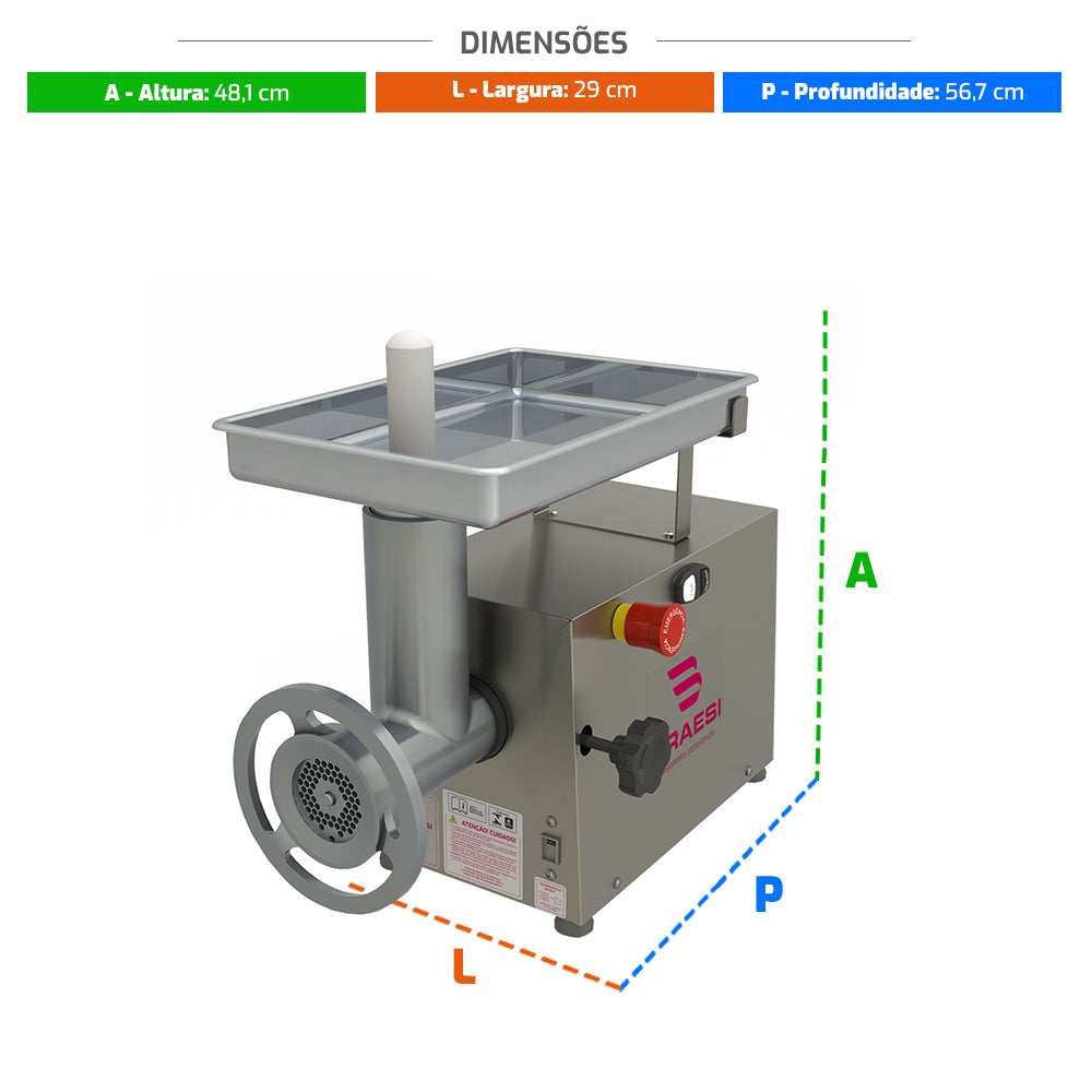 Moedor de carne elétrico profissional BMC-10 com estrutura em aço inoxidável, destacando a durabilidade e higiene do equipamento.