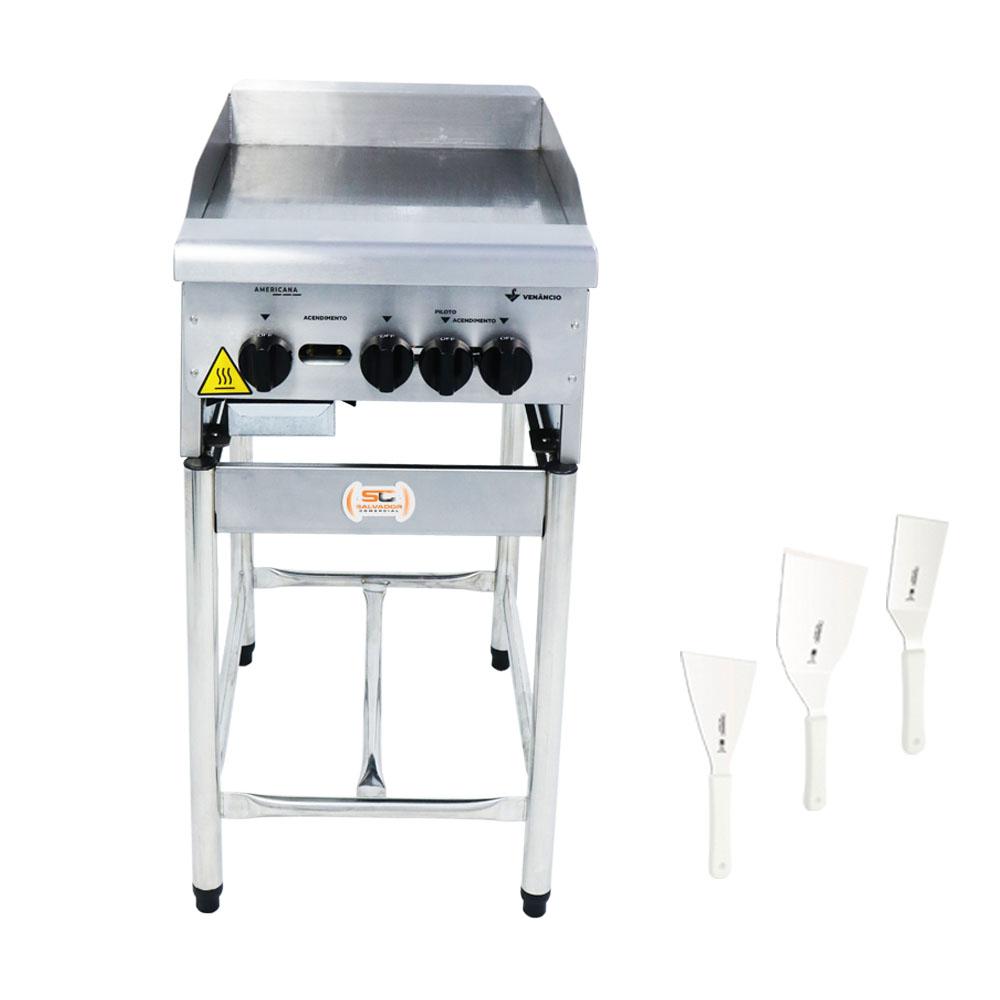 Chapa Americana Profissional 45cm a Gás 18mm Lisa Inox Com Pé CGP45 e Conjunto de Espátulas - Venâncio