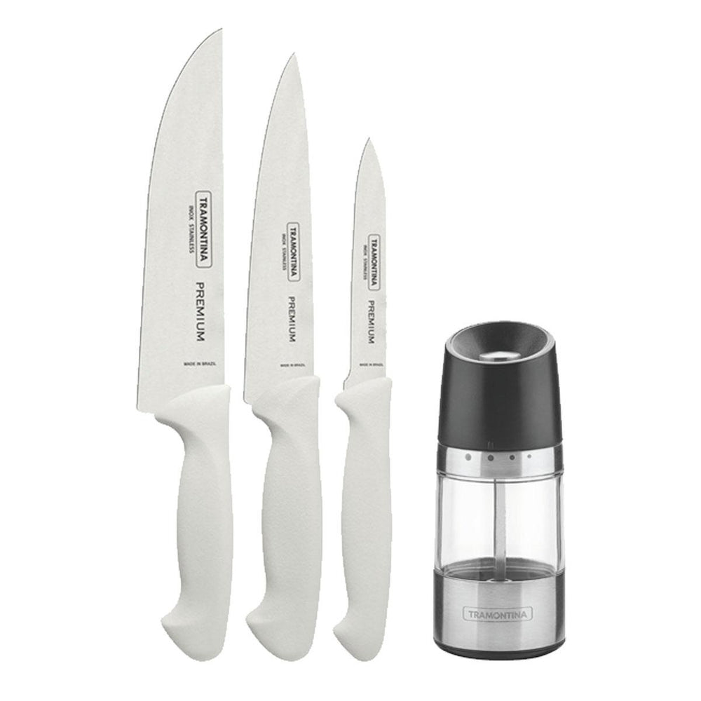 Kit Faqueiro Premium 3 Peças + 1 Moedor de Sal Ou Pimenta Realce Em Acrílico e Inox - Tramontina