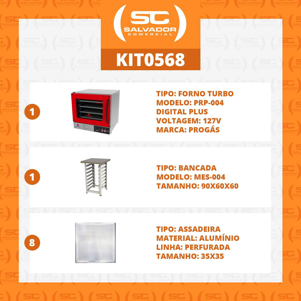 Kit Forno Turbo Elétrico PRP-004 Plus 127V Vermelho + Bancada MES-004 + 8 Assadeiras - Progás
