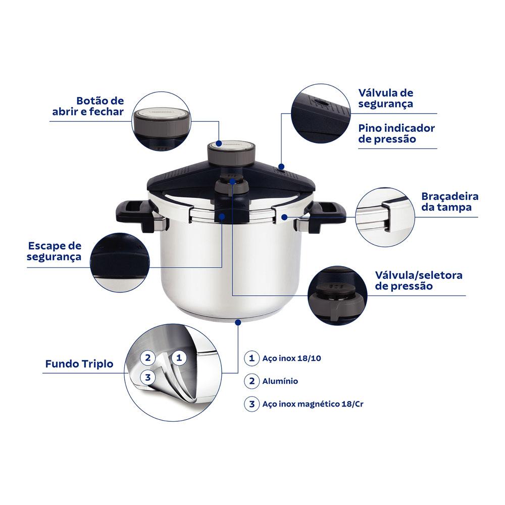 Panela Pressão Presto Aço Inox Fundo Triplo 5 Dispositivos de Segurança 22 cm 6l - Tramontina 62518220