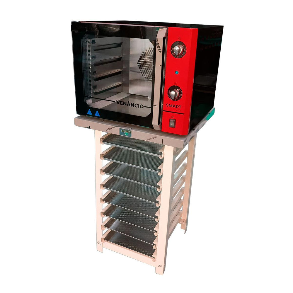 Kit Forno Turbo Convector Smart Basic. Preto e Vermelho FCSB4E 220V + Bancada MES-004 + 8 Assadeiras - Venâncio