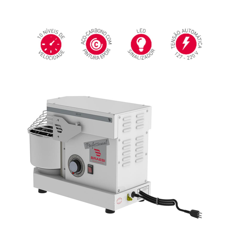 Amassadeira Espiral 3 Kg Masseira Industrial Branca Epóxi 10 Velocidades AES-03 Bivolt - Braesi B18675