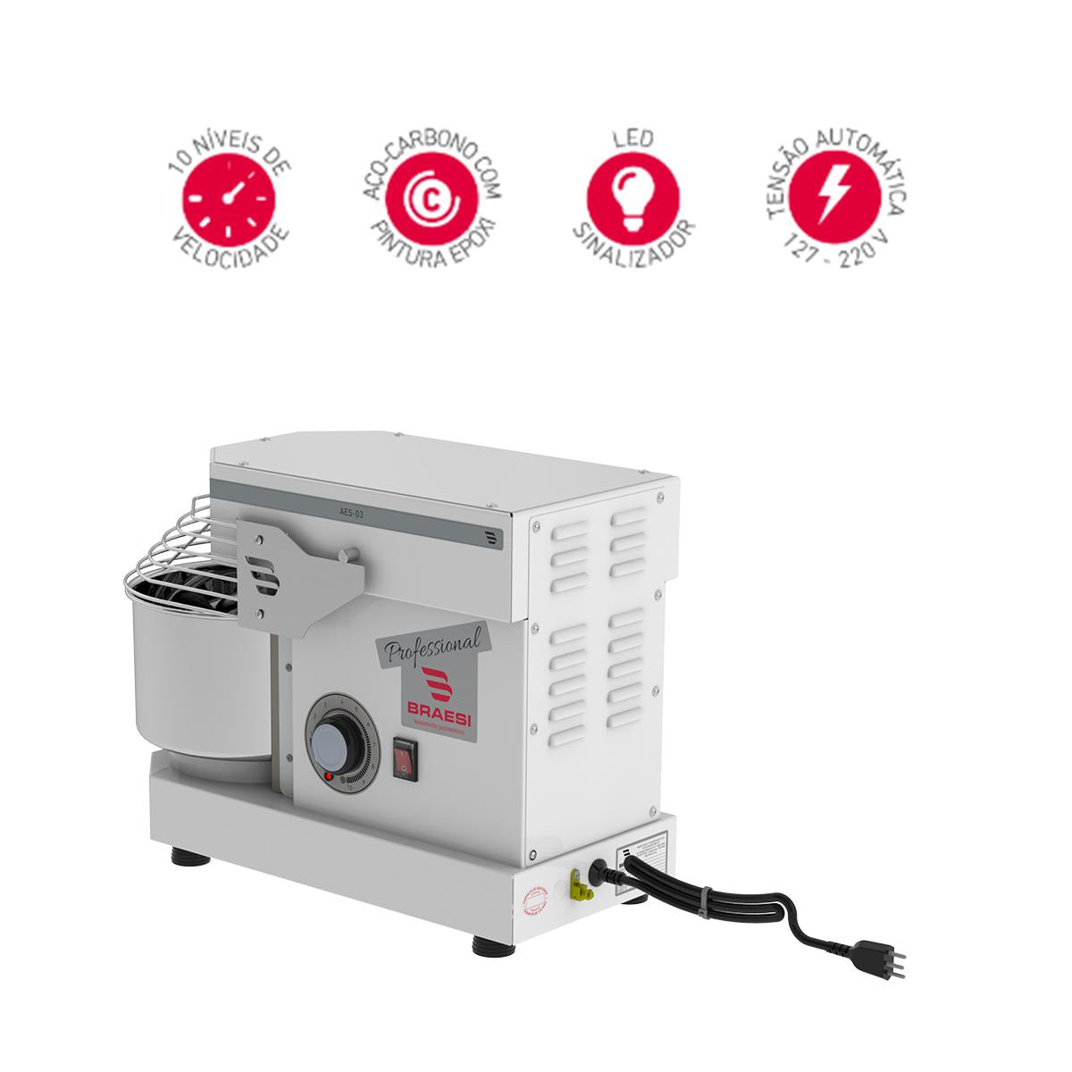 Amassadeira Espiral 3 Kg Masseira Industrial Branca Epóxi 10 Velocidades AES-03 Bivolt - Braesi B18675