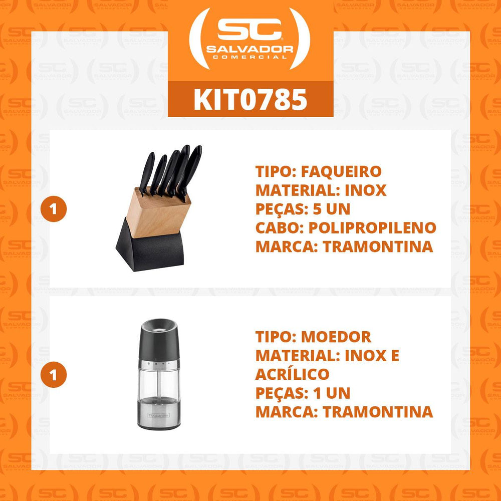 Kit - Faqueiro Plenus 6 Peças + 1 Moedor de Sal Ou Pimenta Realce Em Acrílico e Inox - Tramontina