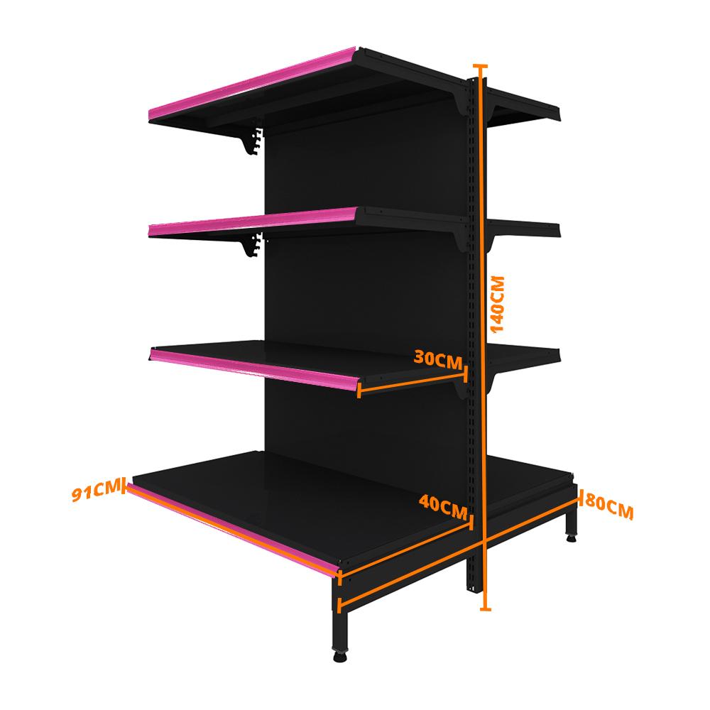 Gôndola Prateleira Preta New Plus 1,40 Central Continuação GCC - Sa Gôndolas Porta Etiquetas Rosa