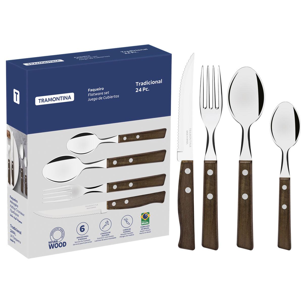 Faqueiro Tradicional Lâminas Aço Inox Cabos de Madeira Natural 24 Peças - Tramontina 22299050
