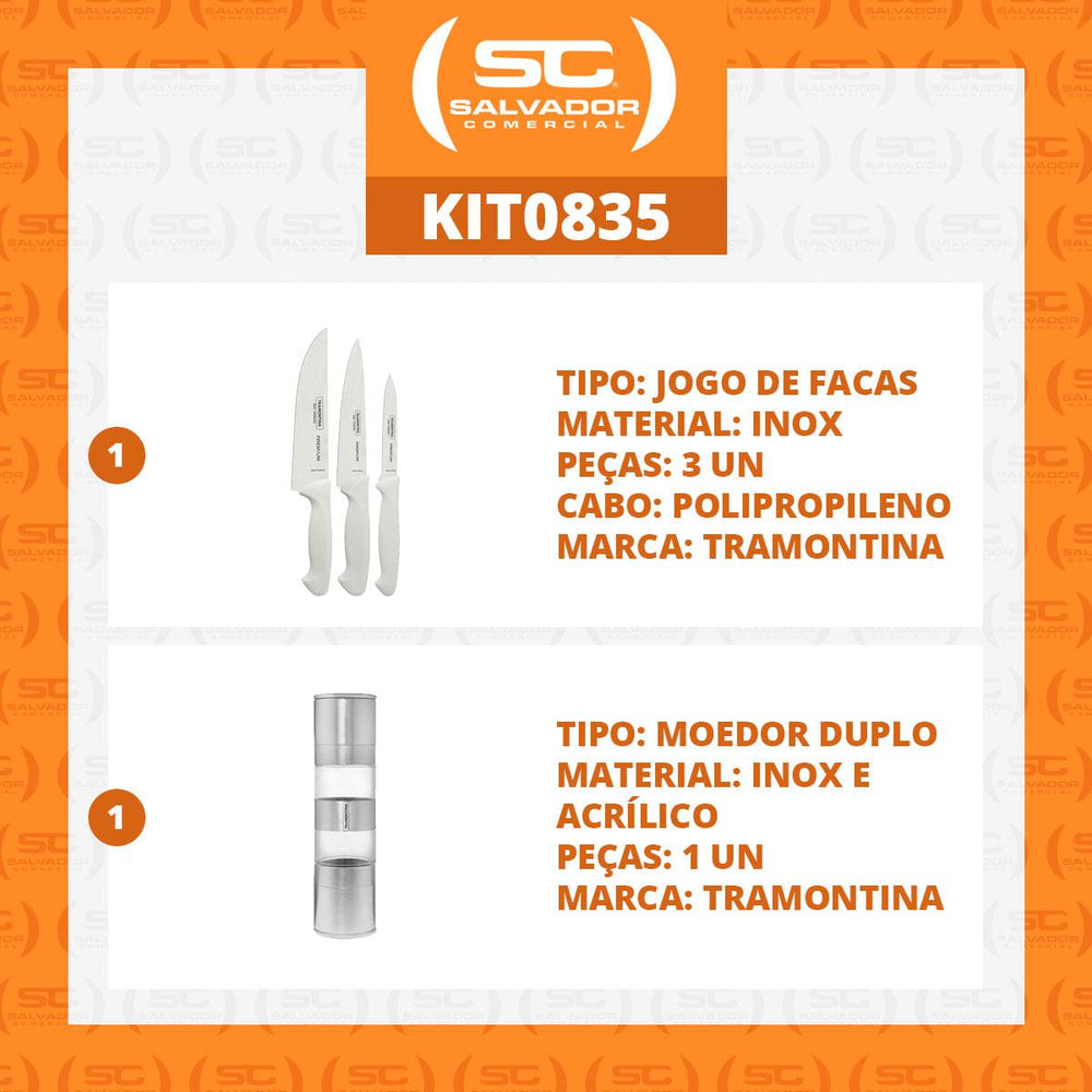 Kit Faqueiro Premium 3 Peças + 1 Moedor de Sal Ou Pimenta Duplo Em Acrílico e Inox - Tramontina