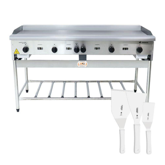 Chapa Americana Profissional 150cm a Gás 18mm Lisa Inox Com Pé Cgp150 e Espátulas - Venâncio