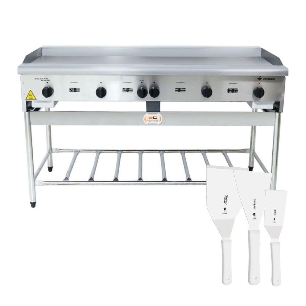Chapa Americana Profissional 150cm a Gás 18mm Lisa Inox Com Pé Cgp150 e Espátulas - Venâncio
