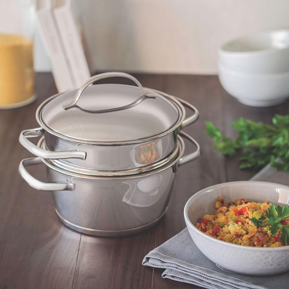 Cuscuzeira Cozi-vapore Allegra Em Aço Inox Com Fundo Triplo 16cm 2 Peças - Tramontina 65650050