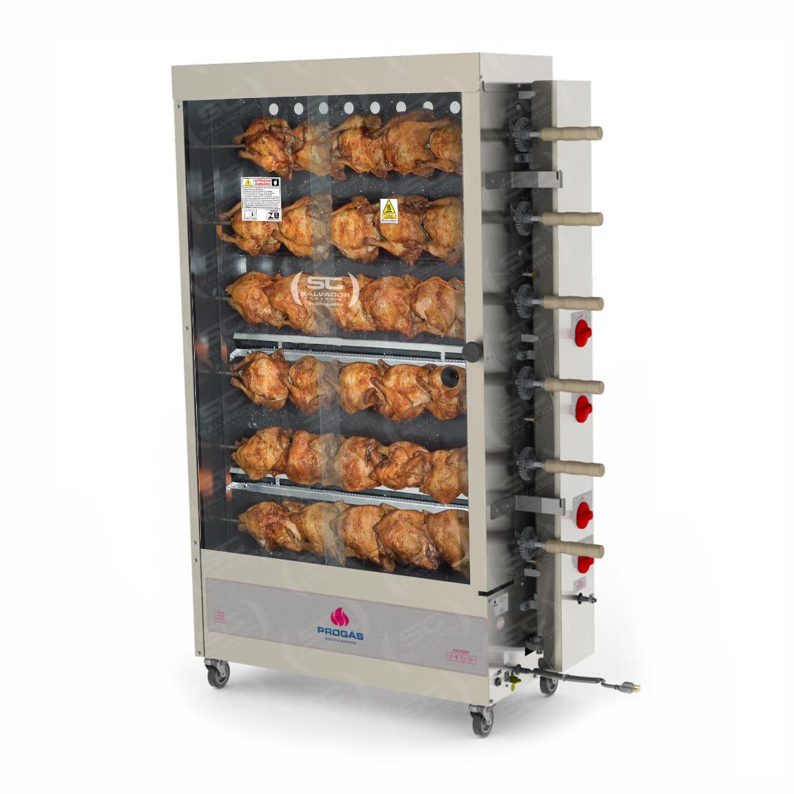 Assador de Frango Gás 6 Espetos Tubular Pr-634 + Tesoura + Carrinho Inox + Injetor de Temperos