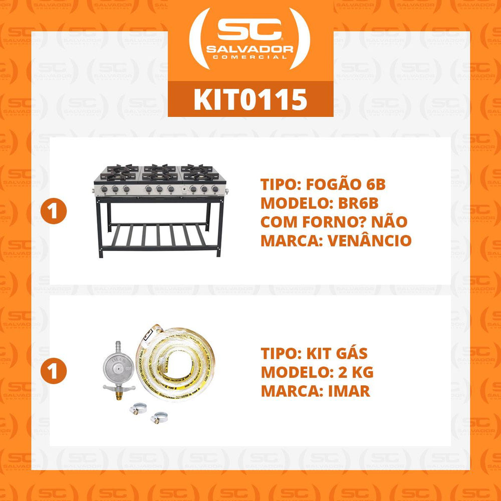 Kit Fogão Industrial 6 Bocas Gás Bravo BR6B + Kit Gás 2kg - Venâncio