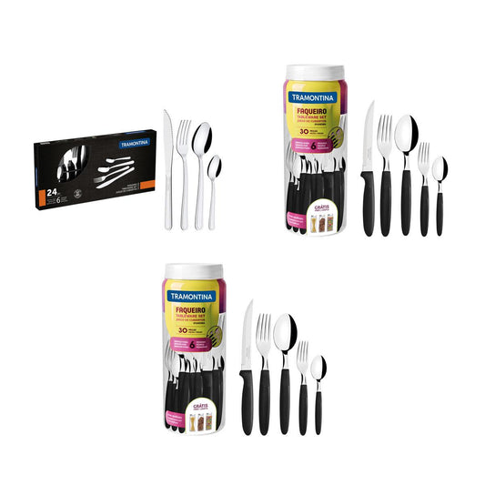 Kit - 2 Faqueiros Inox 30 Peças Ipanema Preto + 1 Faqueiro Inox 24pç - Tramontina
