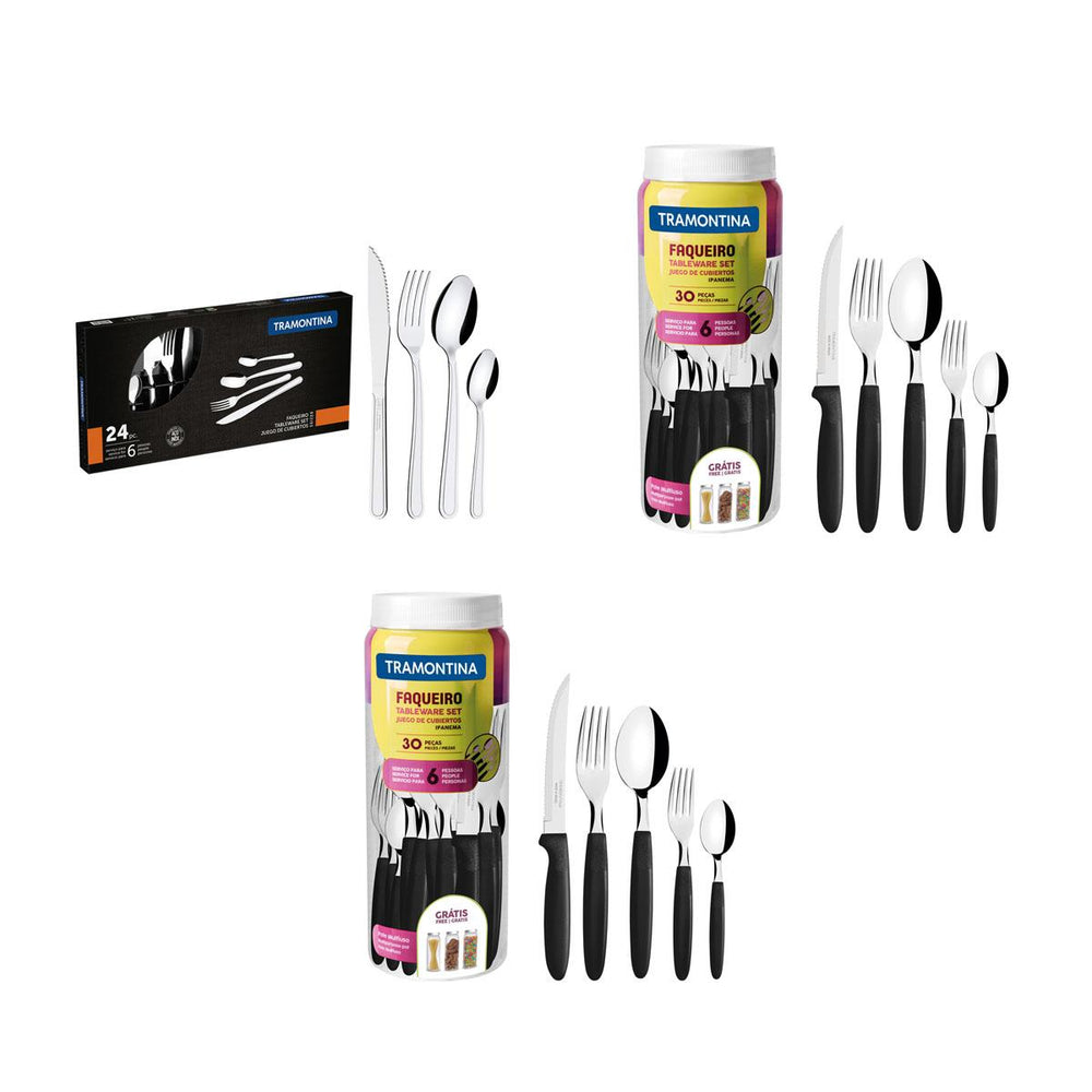 Kit - 2 Faqueiros Inox 30 Peças Ipanema Preto + 1 Faqueiro Inox 24pç - Tramontina