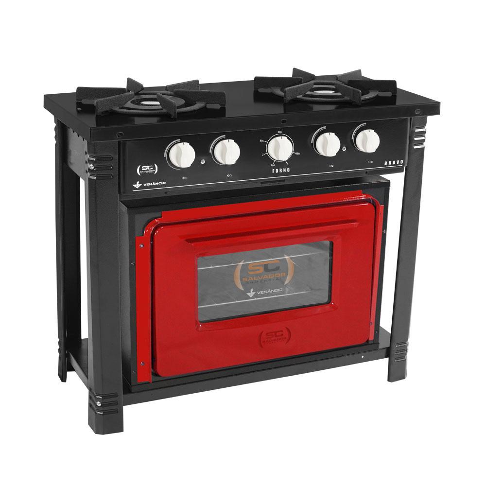 Fogão Industrial 2 Bocas Duplas a Gás Preto com Forno Vermelho Bravo BR2BF – Venâncio