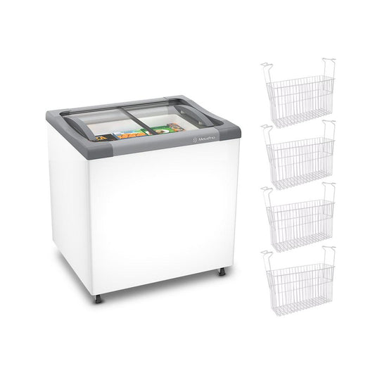 Kit - Freezer Horizontal Tampa de Vidro 144/185 Litros Nf20 - Metalfrio 127v + 4 Cestos Nextgen Branco