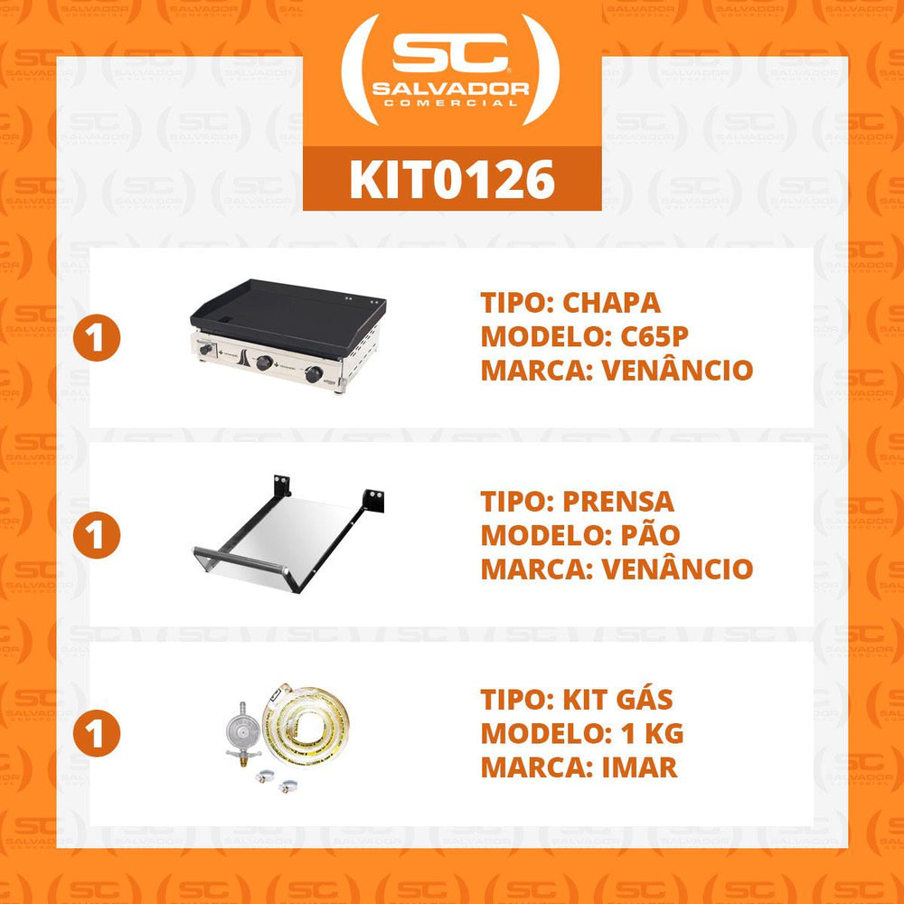 Kit - Chapa Bifeteira A Gás Lisa 65cm Comercial Aço Carbono C65P 6,35mm C/Prensa + Kit Gás - Venâncio