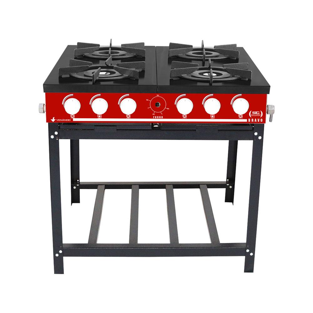 Fogão Industrial 4 Bocas a Gás Baixa Pressão Bravo Multicores Vermelho BR4B - Venâncio