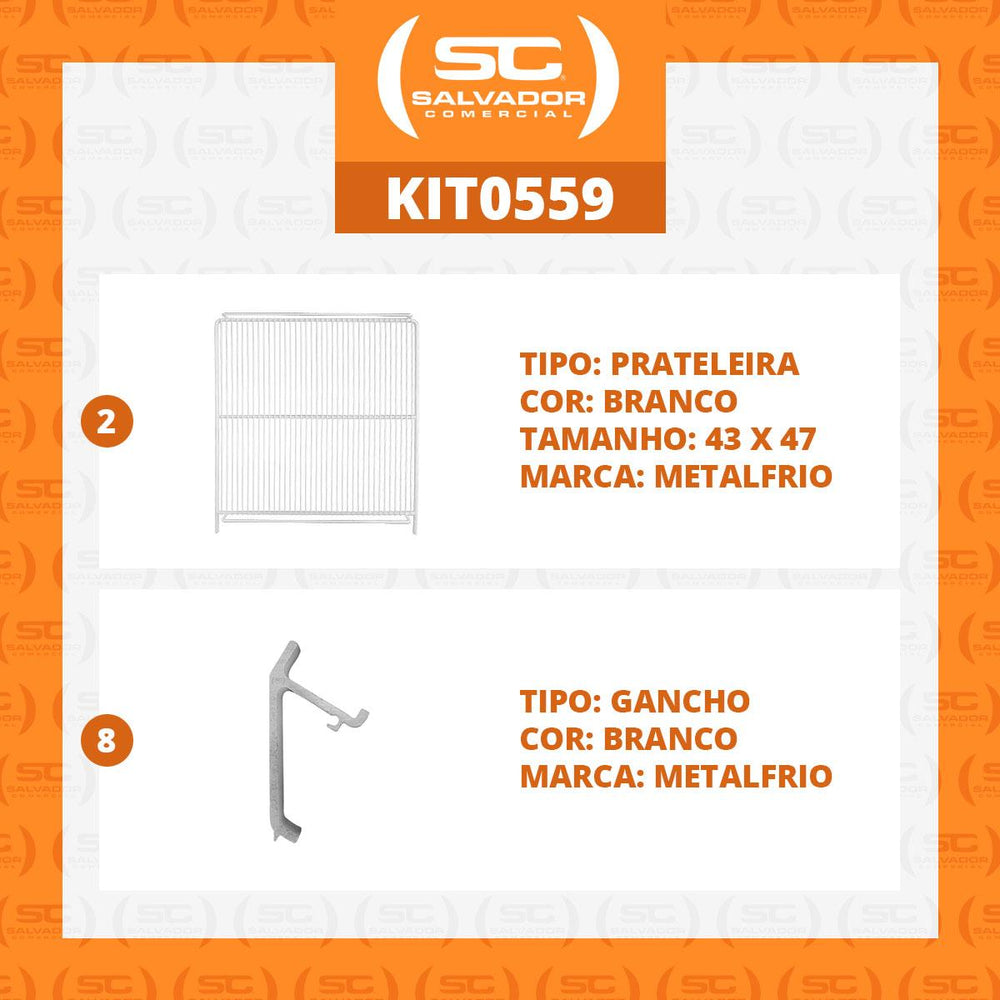 Kit - 2 Prateleiras Branca Visa Vn25/28 Vb25/28 Vf28 + 8 Ganchos Suporte - Metalfrio