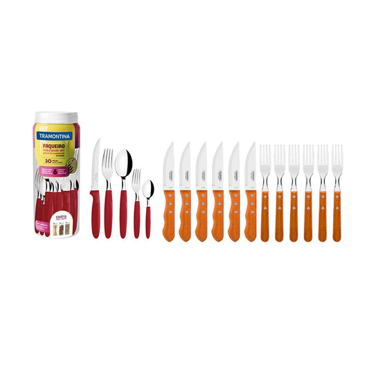 Kit - Jogo de Churrasco Inox 12 Peças Dynamic + 1 Faqueiro Vermelho 30pç - Tramontina
