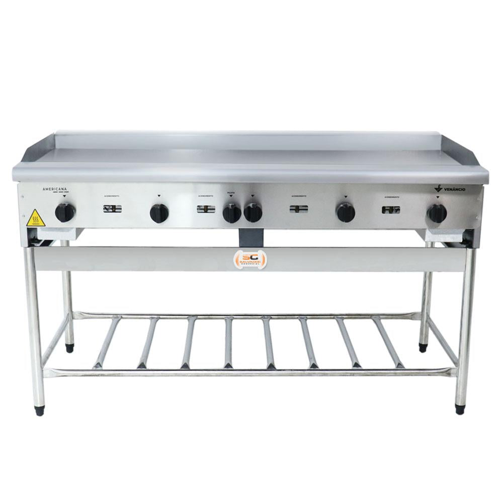 Chapa Americana Profissional 150cm a Gás 18mm Lisa Inox Com Pé CGP150 - Venâncio
