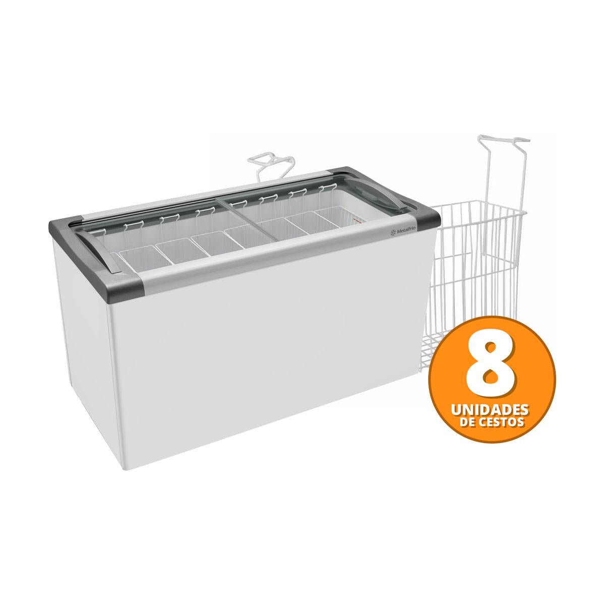 Kit - Freezer Horizontal Tampa de Vidro 318/399 Litros Nf40 - Metalfrio 220v + 8 Cestos Nextgen Branco