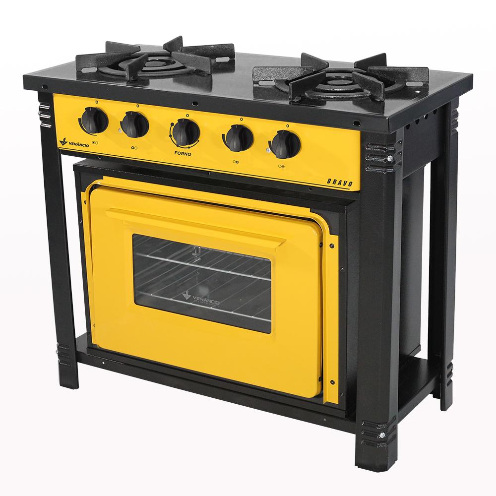Fogão Industrial 2 Bocas com Forno Bravo Amarelo Venâncio + 2 Caçarolas Tramontina Turim