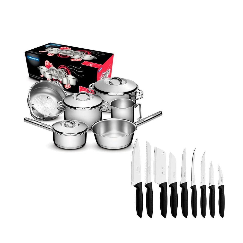 Kit Jogo de Panelas Solar 6pçs Inox + Jogo de Facas Plenus 9pçs - Tramontina