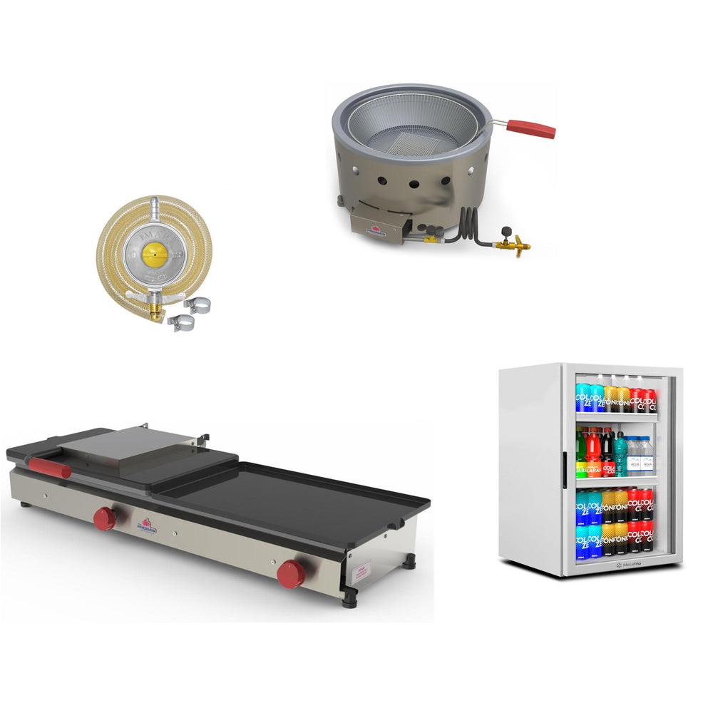Kit Burger a Gás Com Prensa e Chapa PR950G + Kit Gás + Fritadeira PR70G + Refrigerador VB11 - 220v
