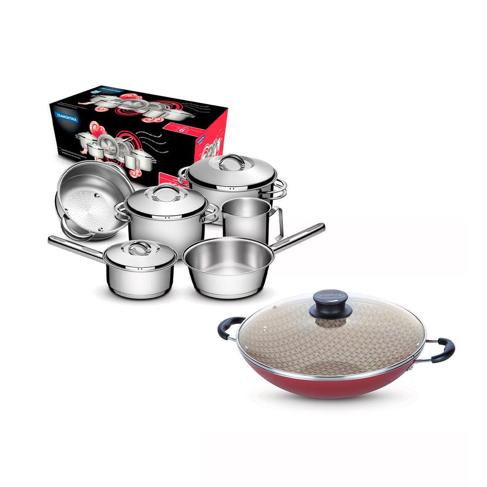Kit Jogo de Panelas Solar 6pçs Inox + Panela Wok Alumínio Paris 36cm Vermelha - Tramontina